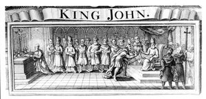 Koning Jan geeft zijn kroon over aan Pandulph Masca, pauselijk legaat, in Dover in mei 1213 door English School